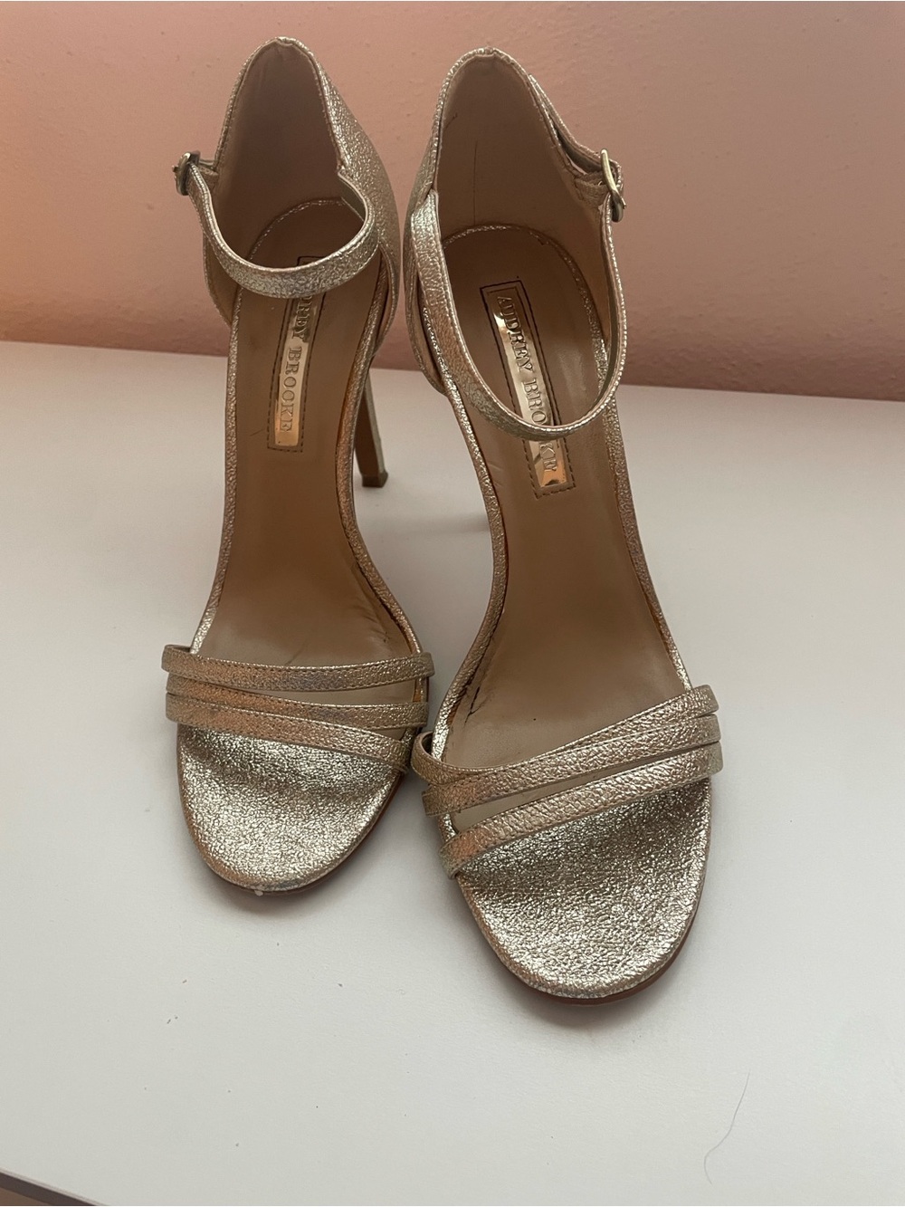Audrey Brooke Champagne Gold Strappy Ankle-Heel Sandals